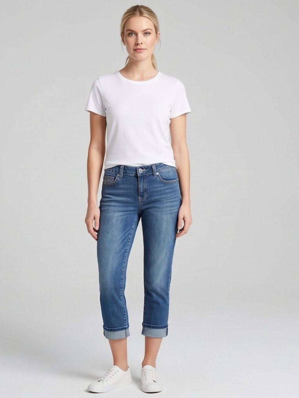 INC International Concepts Embroidered Pocket Crop Jeans | Cuffed Capri Denim